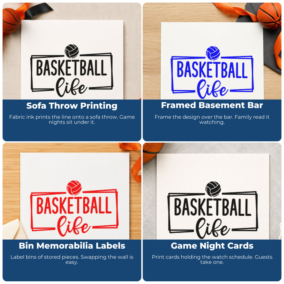 Four ways to use the Duo Hand Basketball Life Rectangular Frame Rubber Stamp: sofa throw printing, framed basement bar, bin memorabilia labels and game night cards.
