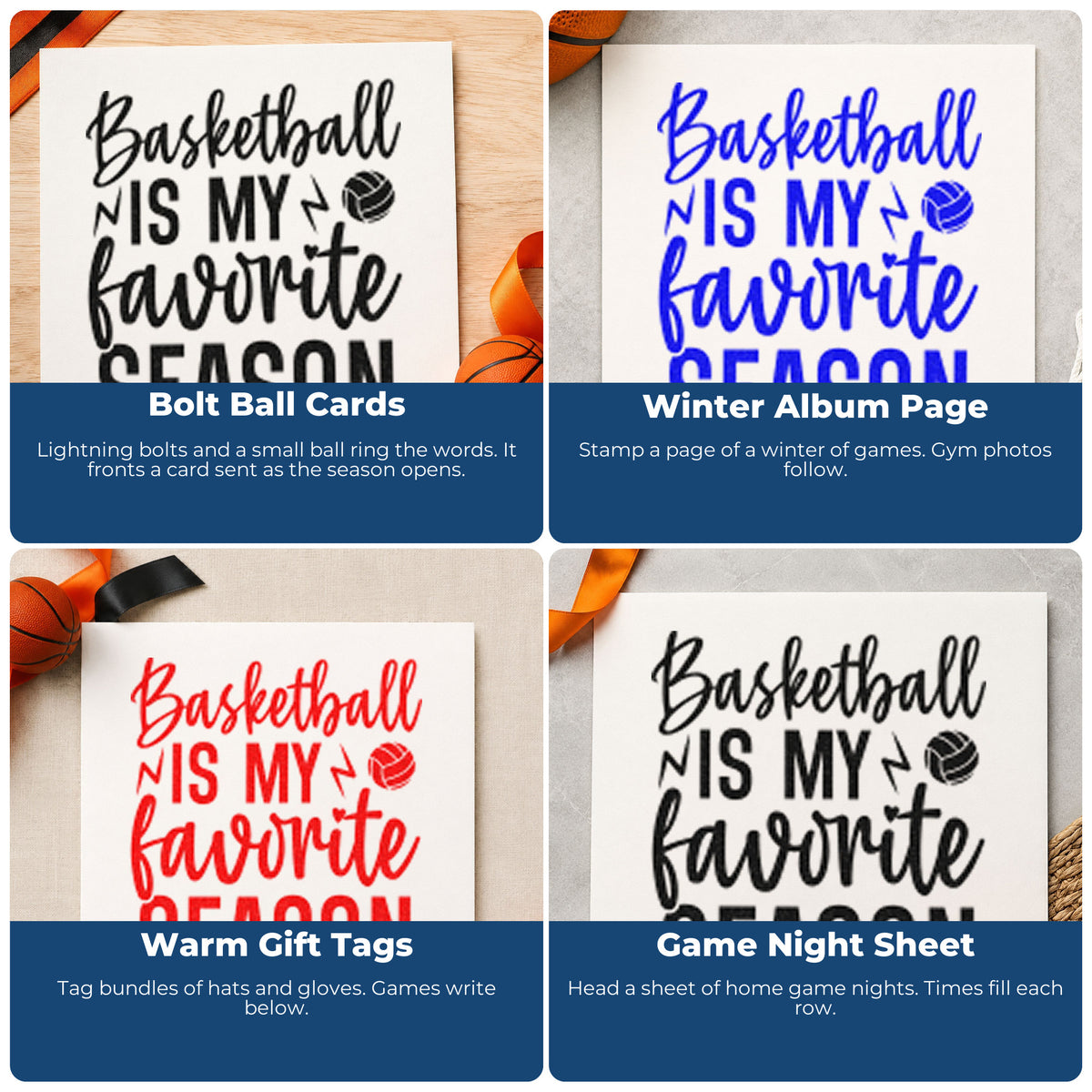 Four ways to use the Basketball Is My Favorite Season Stamp - Premium Vintage Pro Wooden: bolt ball cards, winter album page, warm gift tags and game night sheet.