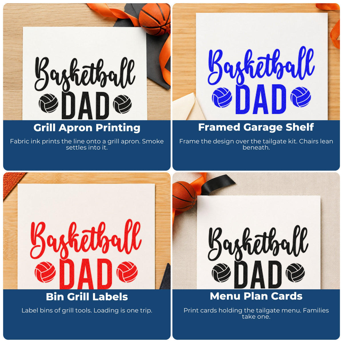 Four ways to use the Basketball Dad With Two Paneled Balls Slim Pre-Inked Stamp: grill apron printing, framed garage shelf, bin grill labels and menu plan cards.