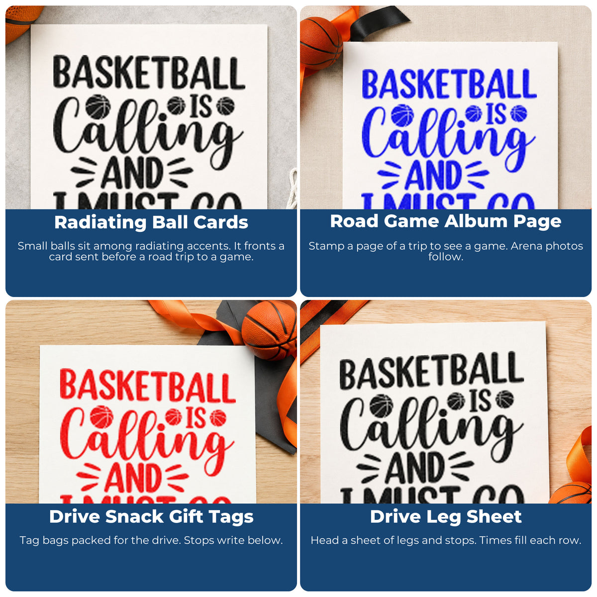 Four ways to use the Basketball Calling Must Go Premium Wooden Stamp - Vintage Pro: radiating ball cards, road game album page, drive snack gift tags and drive leg sheet.