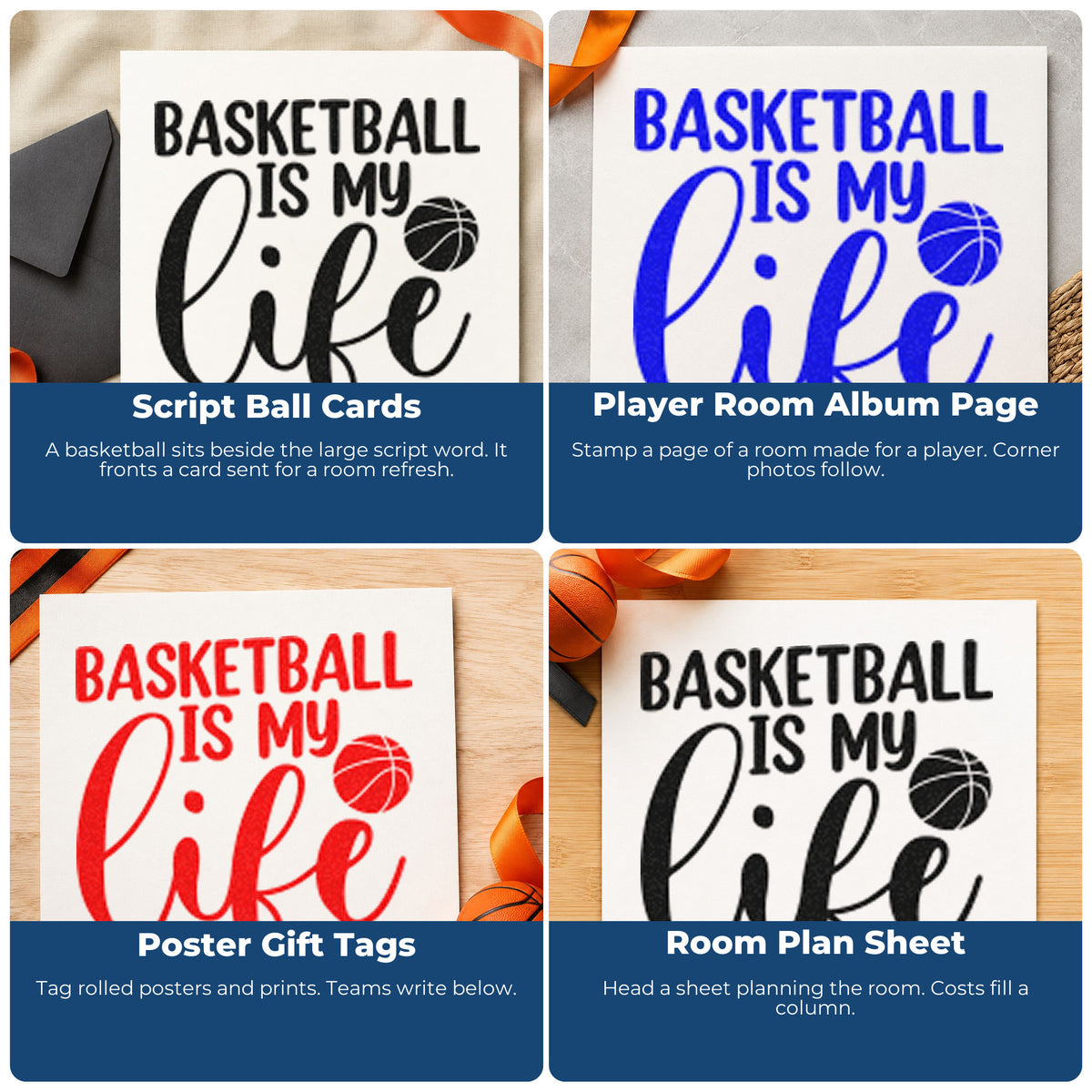 Four ways to use the Basketball Is My Life Rubber Stamp – Duo Hand: script ball cards, player room album page, poster gift tags and room plan sheet.