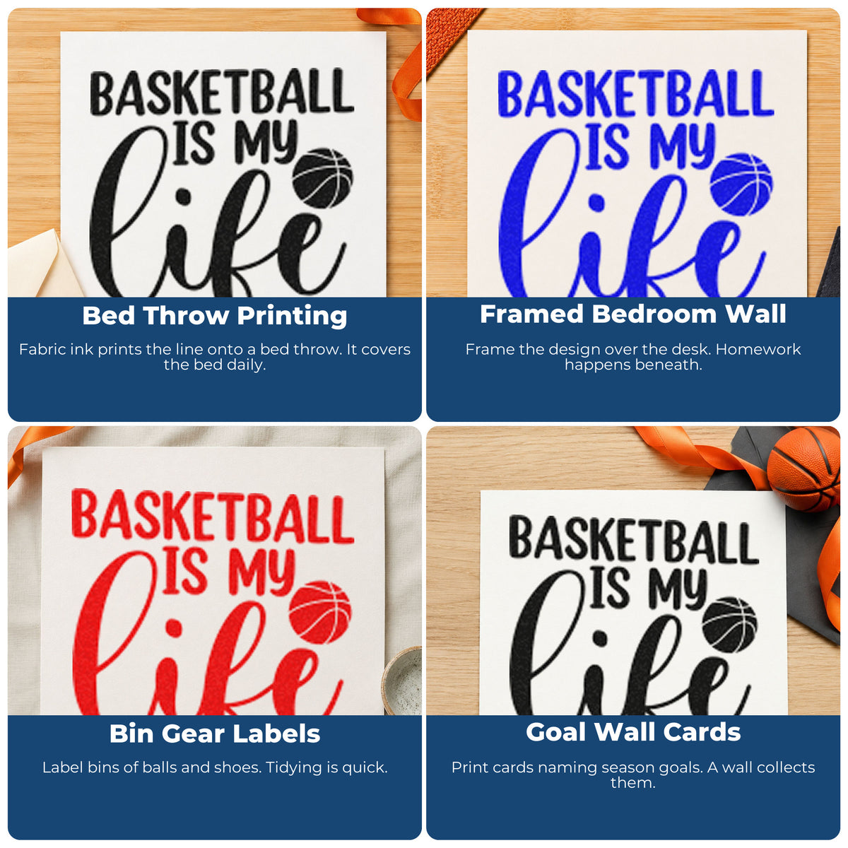 Four ways to use the Basketball Is My Life Pre-Inked Stamp – PSI: bed throw printing, framed bedroom wall, bin gear labels and goal wall cards.