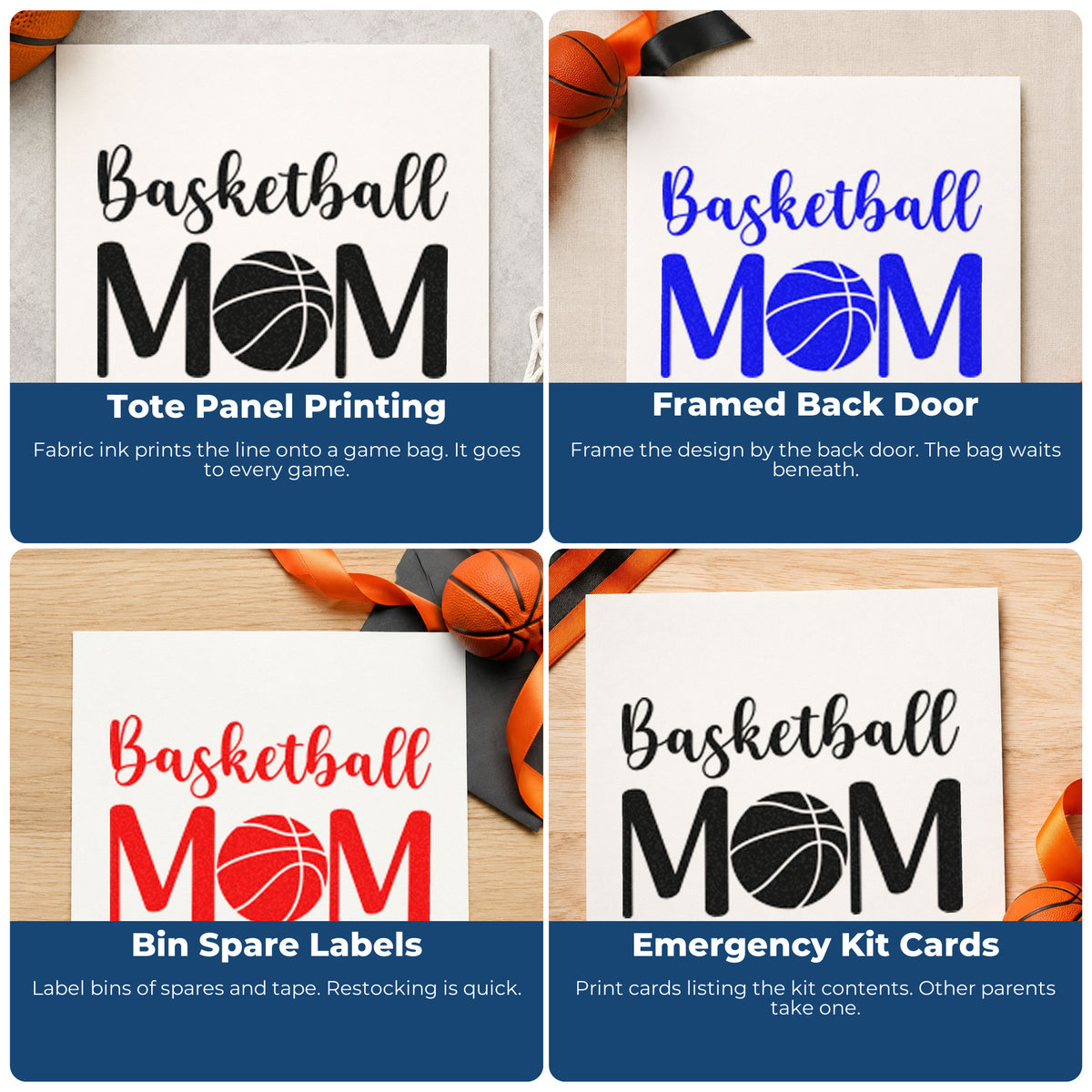 Four ways to use the Basketball Mom Ball Letter Art Premium Wooden Stamp - Vintage Pro: tote panel printing, framed back door, bin spare labels and emergency kit cards.