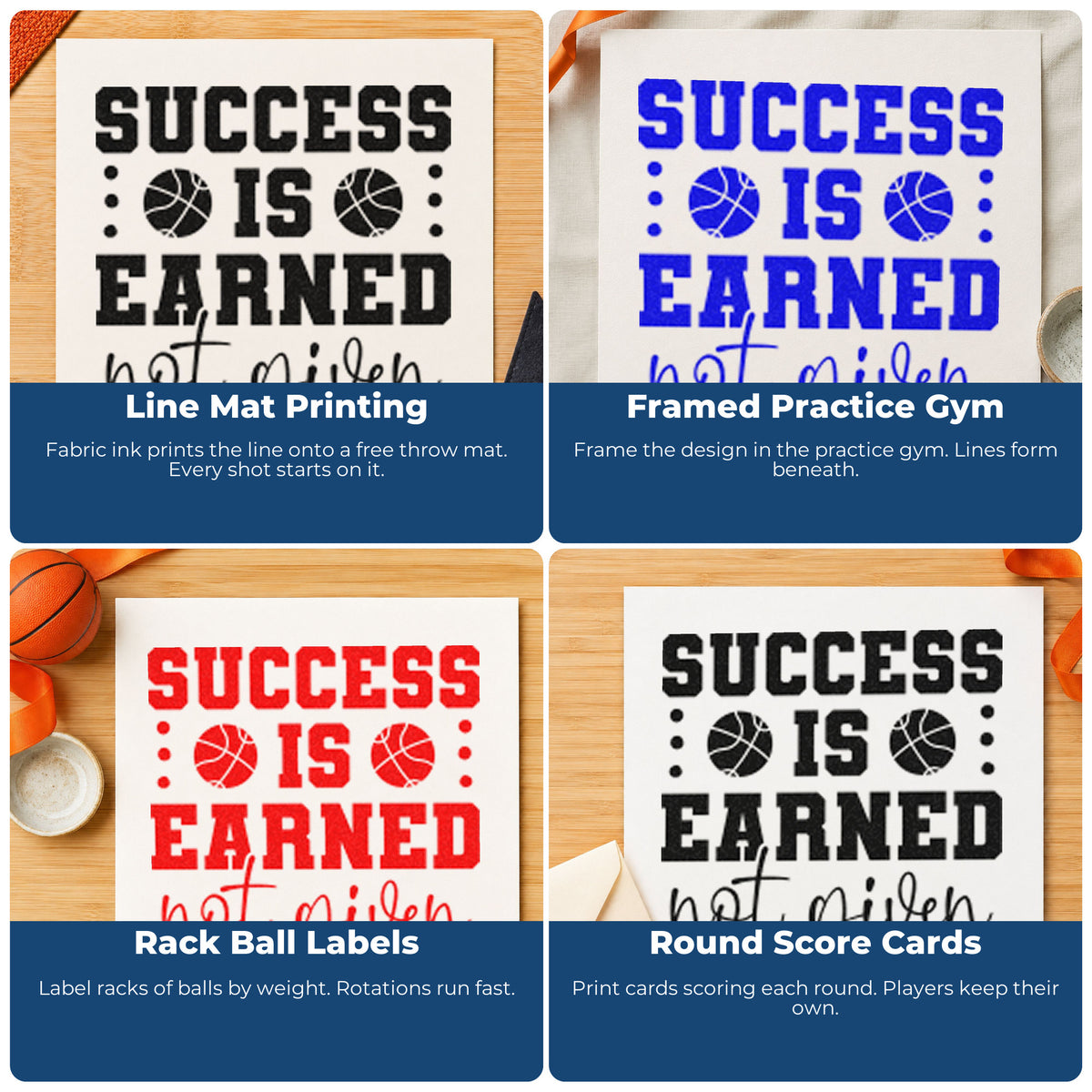 Four ways to use the Success Is Earned Not Given Basketball Stamp - Premium Vintage Pro Wooden: line mat printing, framed practice gym, rack ball labels and round score cards.
