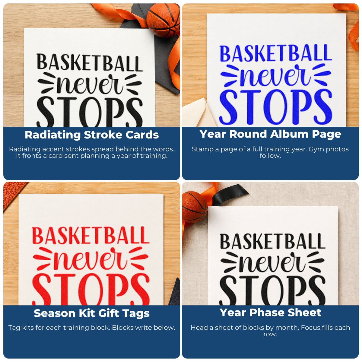 Four ways to use the Basketball Never Stops Lettering Self-Inking Stamp: radiating stroke cards, year round album page, season kit gift tags and year phase sheet.