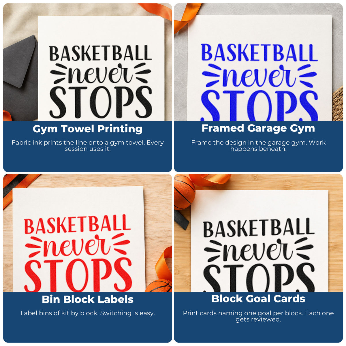 Four ways to use the Vintage Pro Basketball Never Stops Lettering Premium Wooden Stamp: gym towel printing, framed garage gym, bin block labels and block goal cards.
