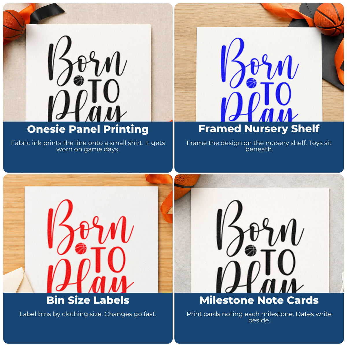 Four ways to use the Born To Play Basketball Lettering Stamp – Slim Pre-Inked: onesie panel printing, framed nursery shelf, bin size labels and milestone note cards.