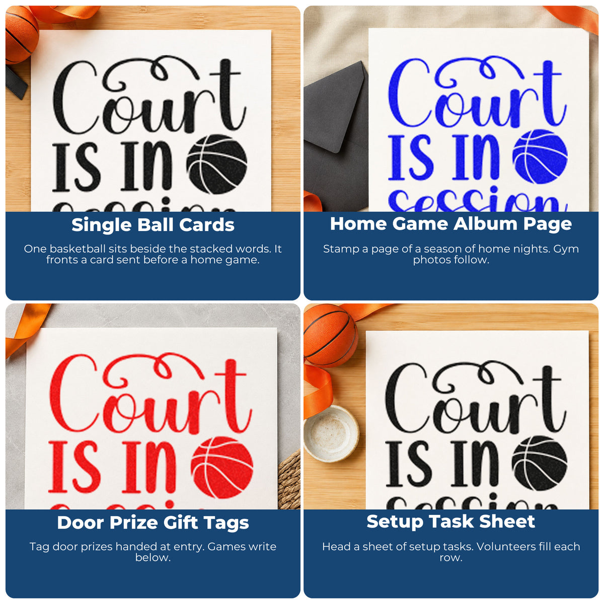 Four ways to use the Court Is In Session Stamp – Wood Handle: single ball cards, home game album page, door prize gift tags and setup task sheet.