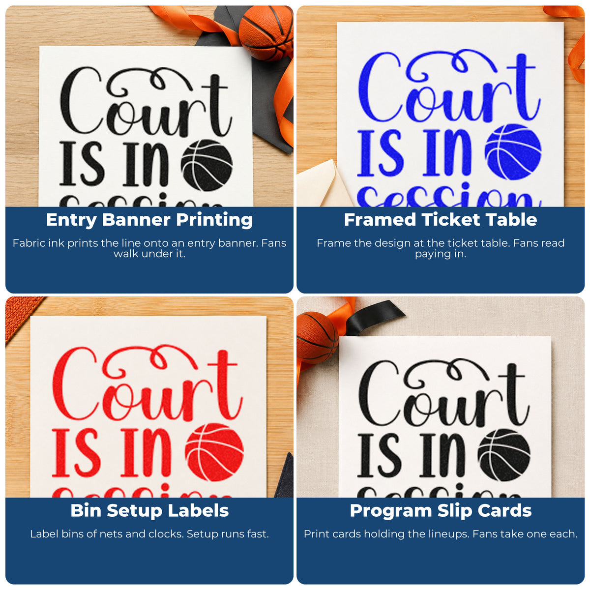 Four ways to use the Court Is In Session Stamp – Wood Handle: entry banner printing, framed ticket table, bin setup labels and program slip cards.