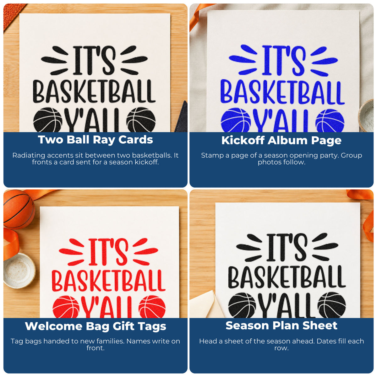Four ways to use the It Is Basketball Yall Premium Wooden Stamp - Vintage Pro: two ball ray cards, kickoff album page, welcome bag gift tags and season plan sheet.
