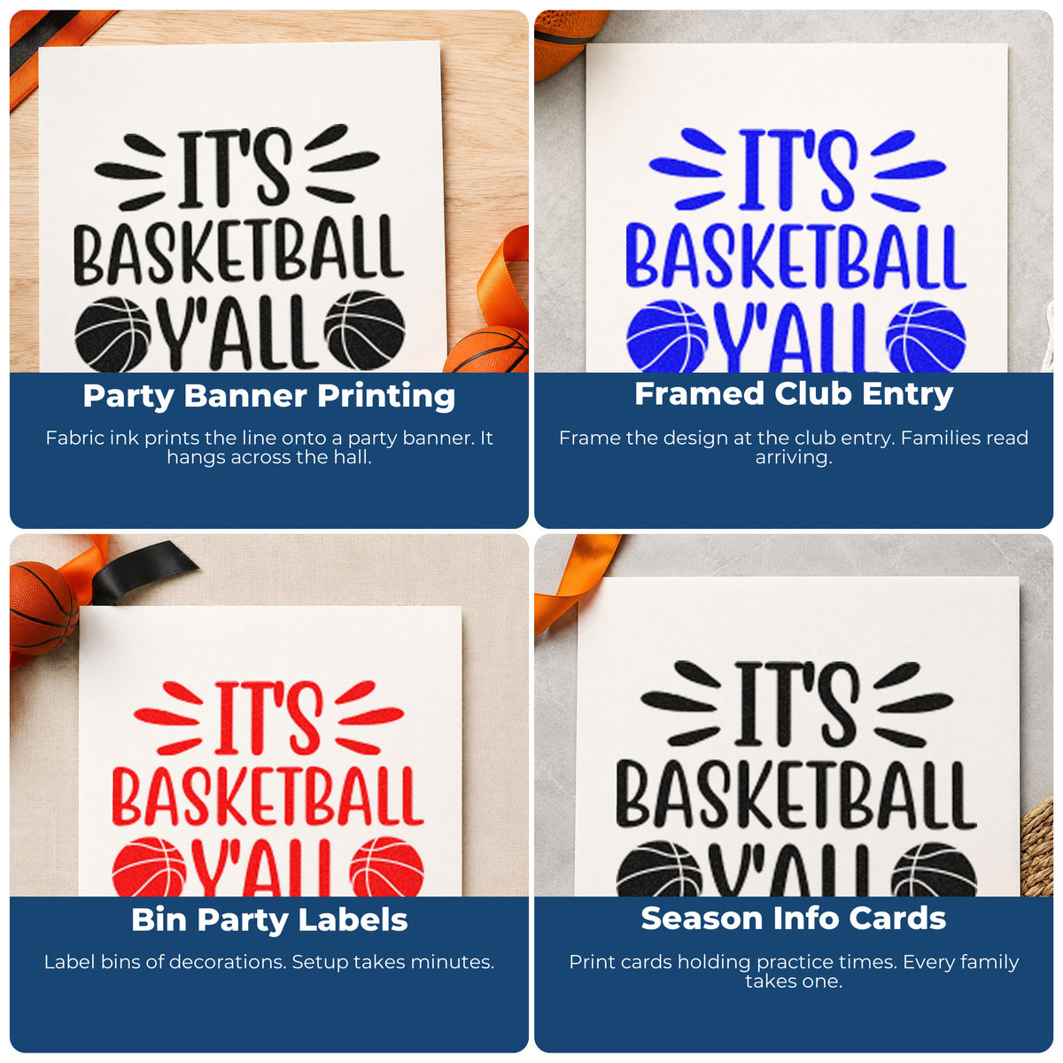 Four ways to use the It Is Basketball Yall Premium Wooden Stamp - Vintage Pro: party banner printing, framed club entry, bin party labels and season info cards.
