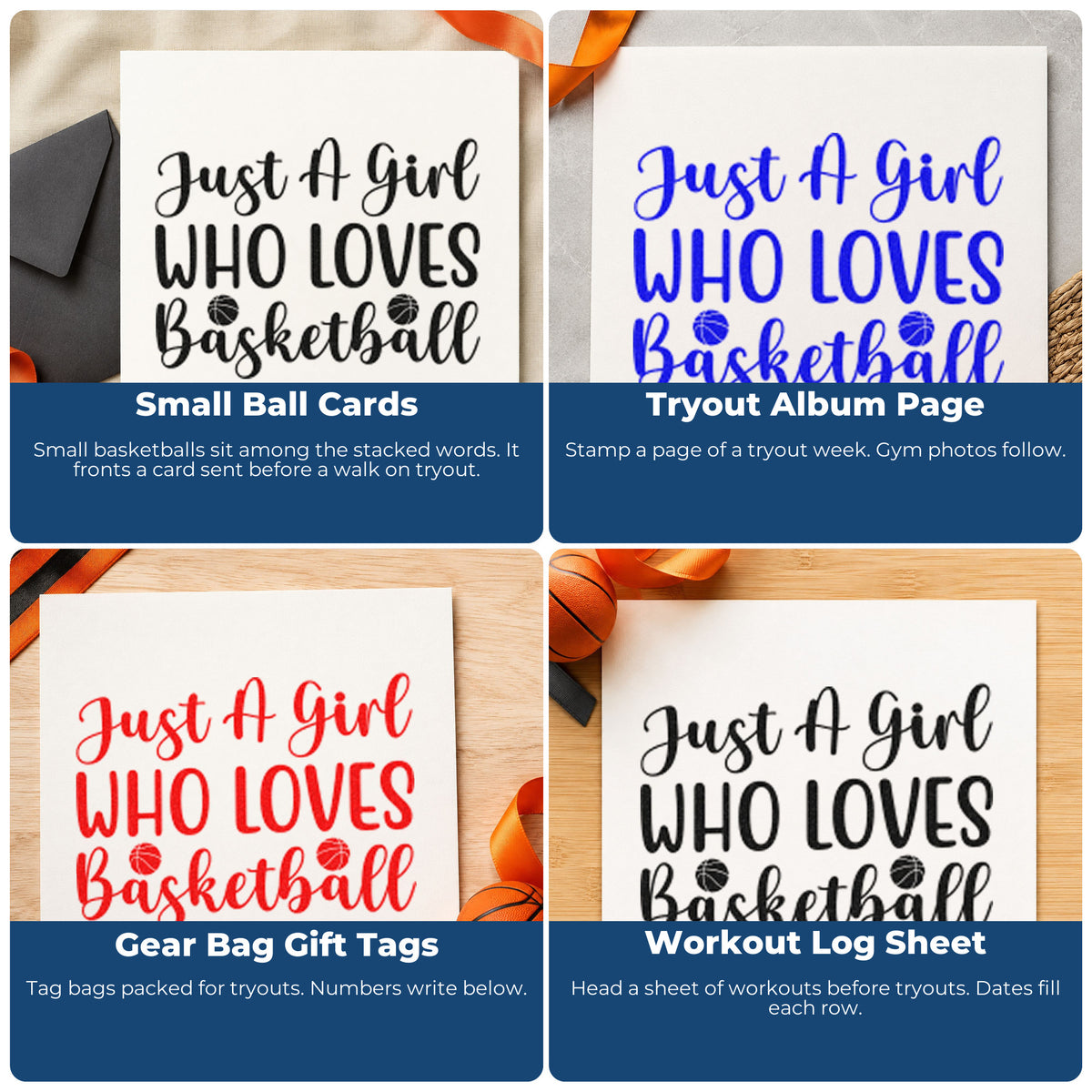 Four ways to use the Just A Girl Who Loves Basketball Pre-Inked Stamp – Slim: small ball cards, tryout album page, gear bag gift tags and workout log sheet.