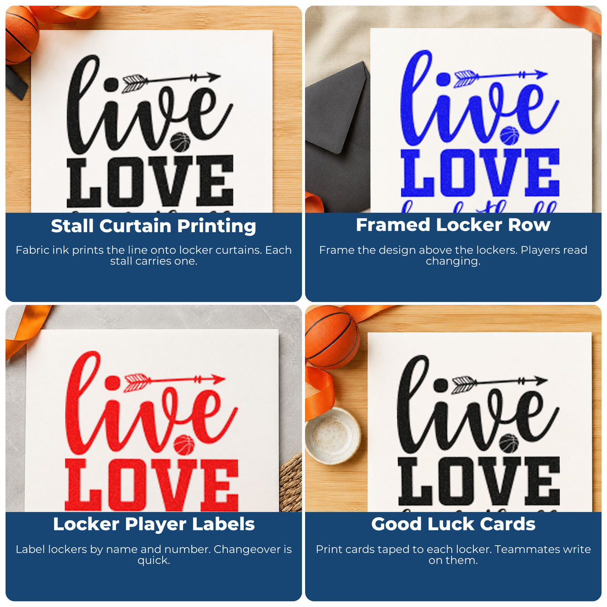 Four ways to use the Live Love Basketball Arrow Rubber Stamp – Wood Handle: stall curtain printing, framed locker row, locker player labels and good luck cards.