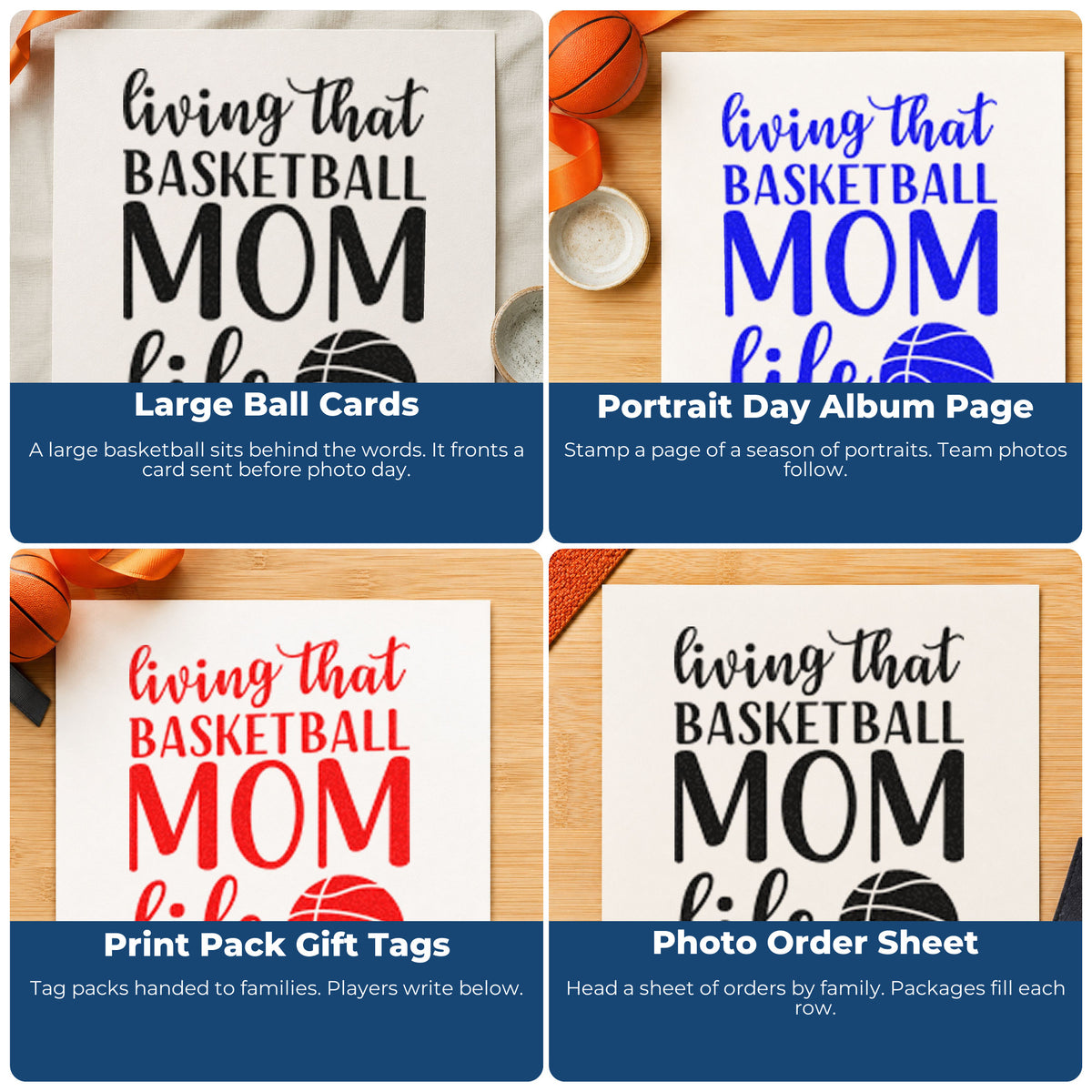 Four ways to use the Living That Basketball Mom Life Premium Wooden Stamp - Vintage Pro: large ball cards, portrait day album page, print pack gift tags and photo order sheet.