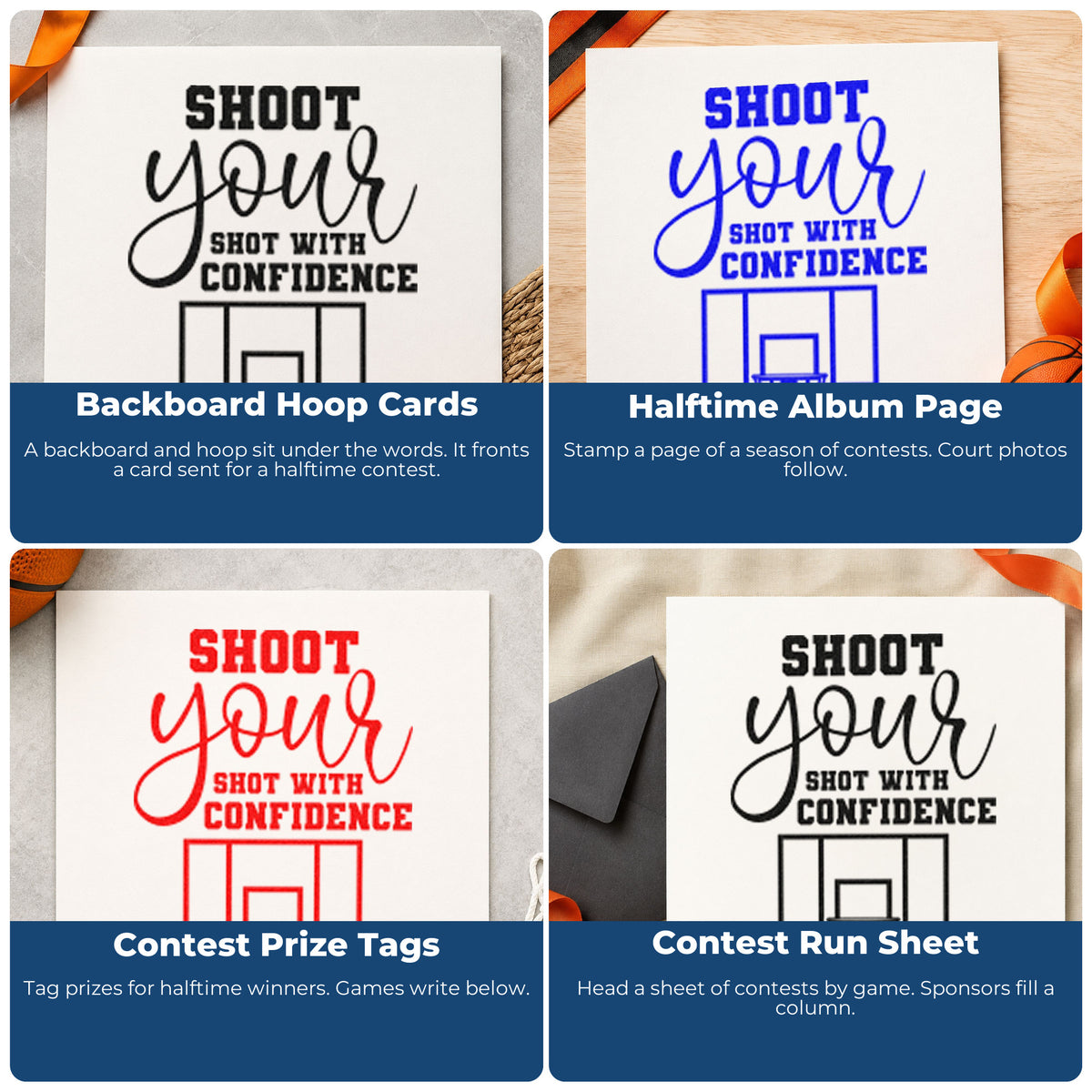 Four ways to use the Shoot Shot With Confidence Self-Inking Stamp: backboard hoop cards, halftime album page, contest prize tags and contest run sheet.