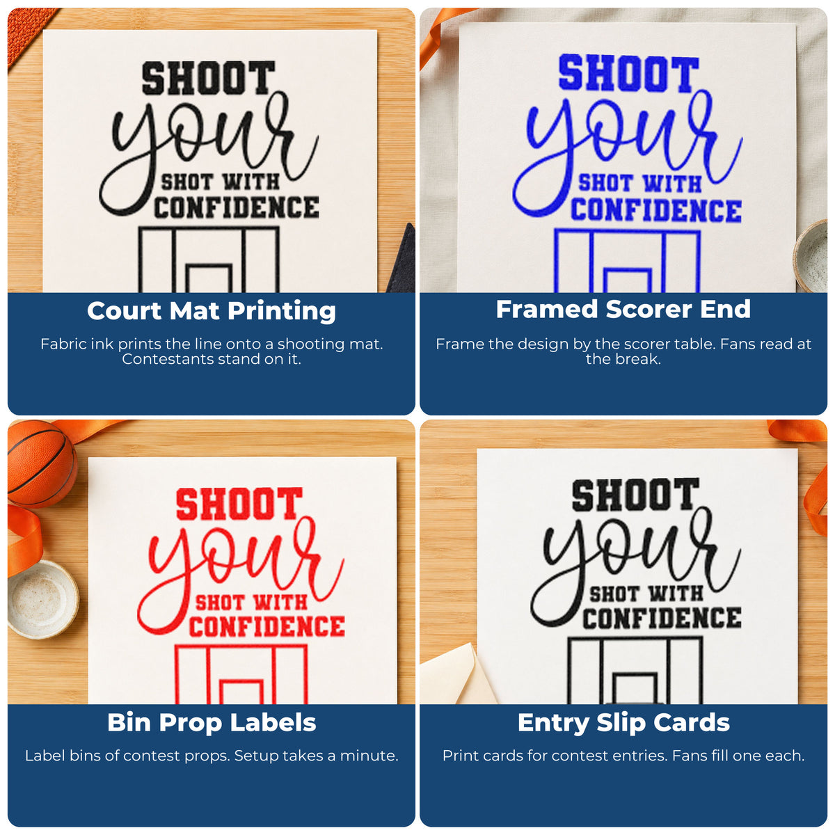 Four ways to use the Shoot Shot With Confidence Premium Wooden Stamp - Vintage Pro: court mat printing, framed scorer end, bin prop labels and entry slip cards.