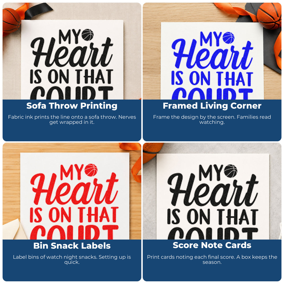 Four ways to use the Heart On That Court Wood Handle Stamp: sofa throw printing, framed living corner, bin snack labels and score note cards.