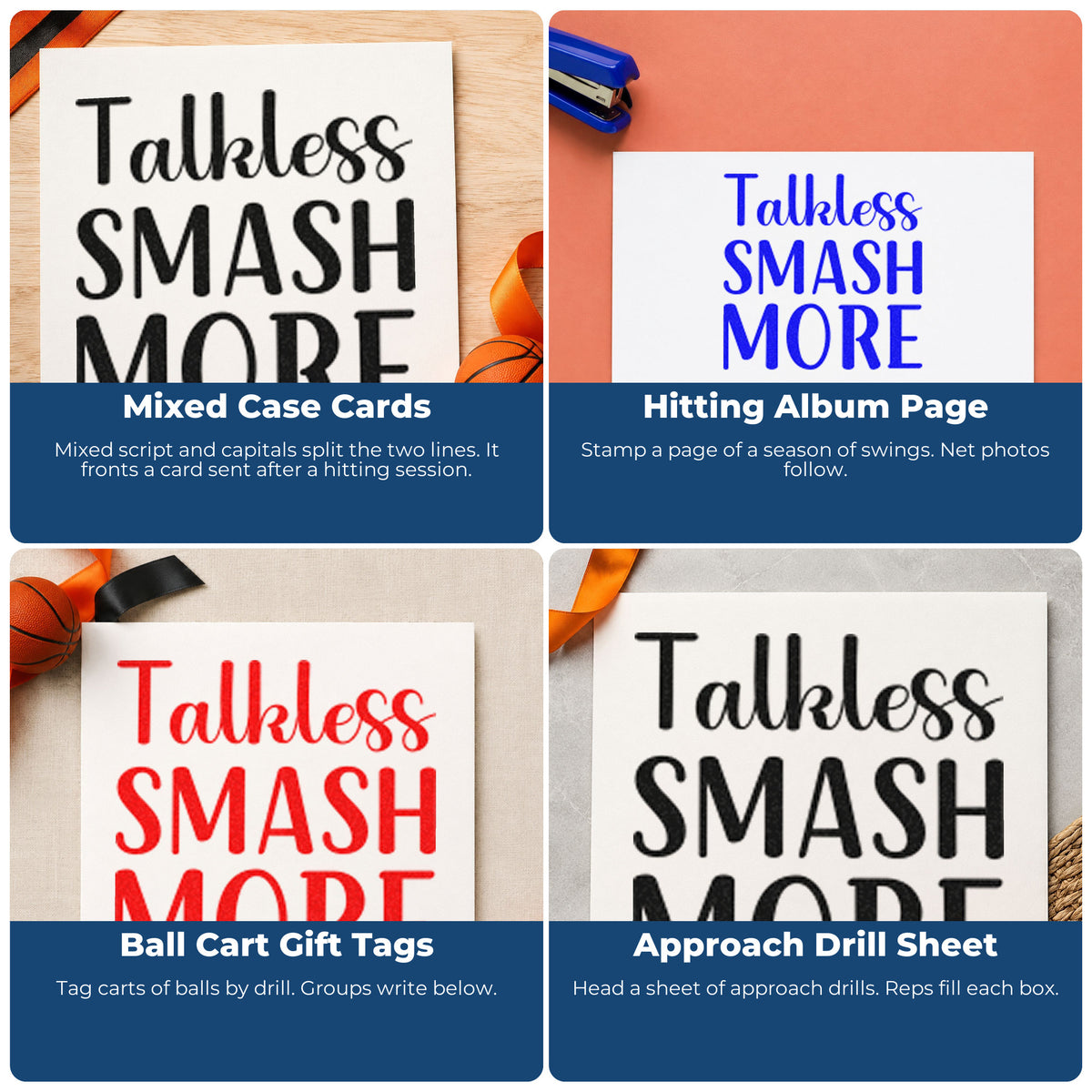 Four ways to use the Pre-Inked Talk Less Smash More Script Lettering Stamp – PSI: mixed case cards, hitting album page, ball cart gift tags and approach drill sheet.