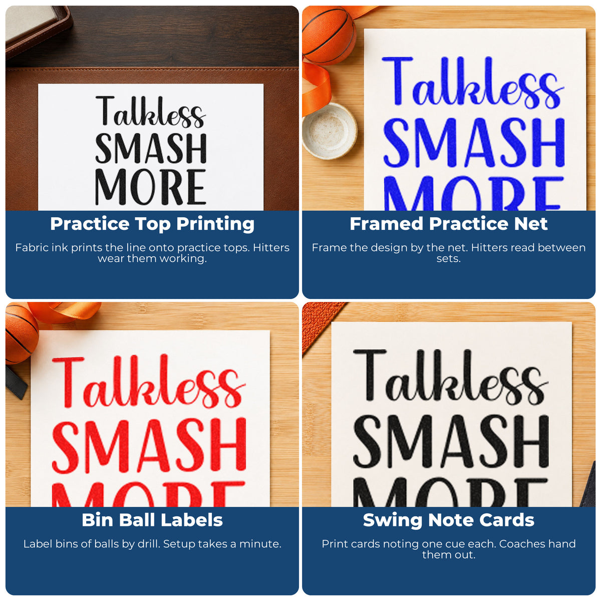 Four ways to use the Talk Less Smash More Script Lettering Hand Stamp – Duo: practice top printing, framed practice net, bin ball labels and swing note cards.