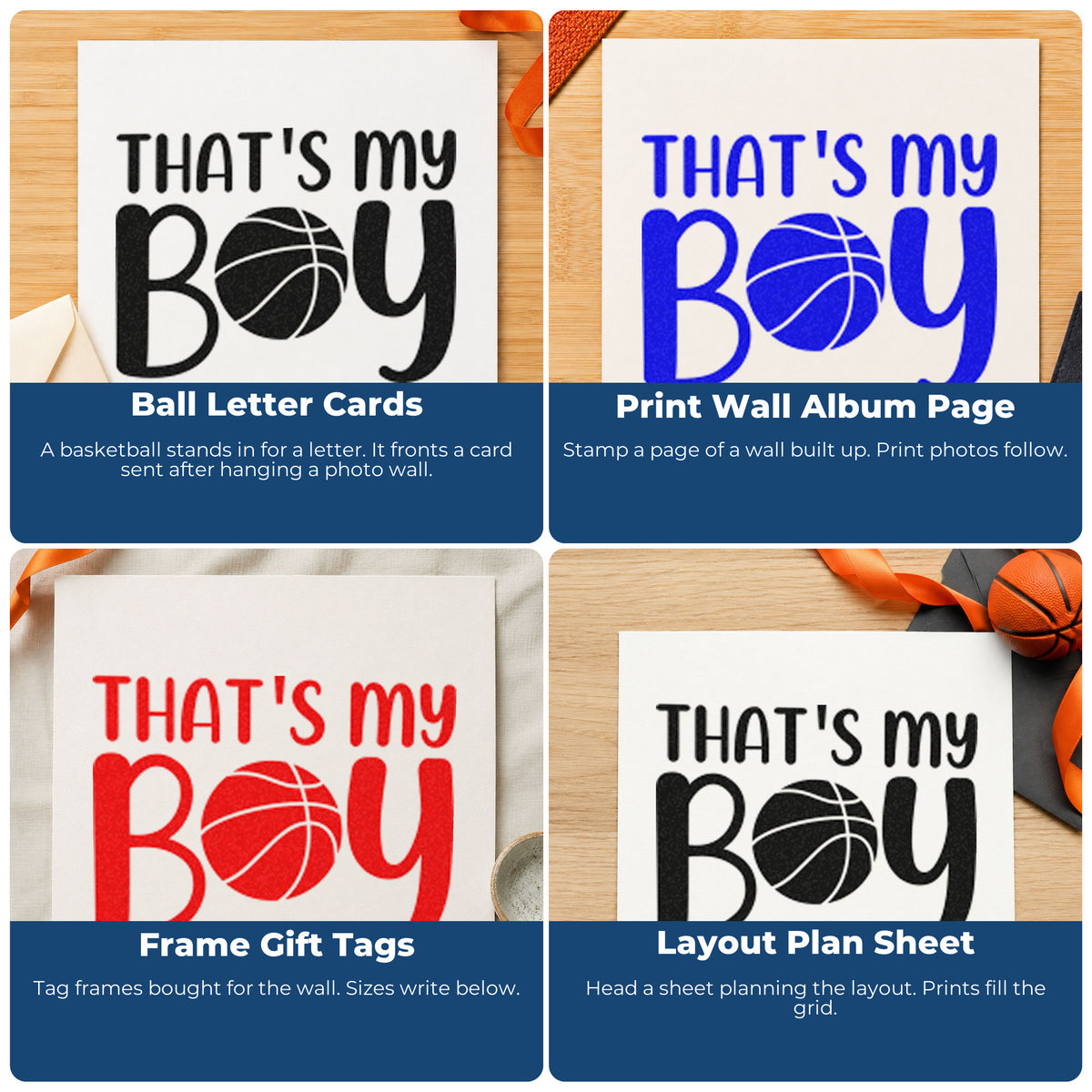 Four ways to use the That Is My Boy PSI Pre-Inked Stamp: ball letter cards, print wall album page, frame gift tags and layout plan sheet.