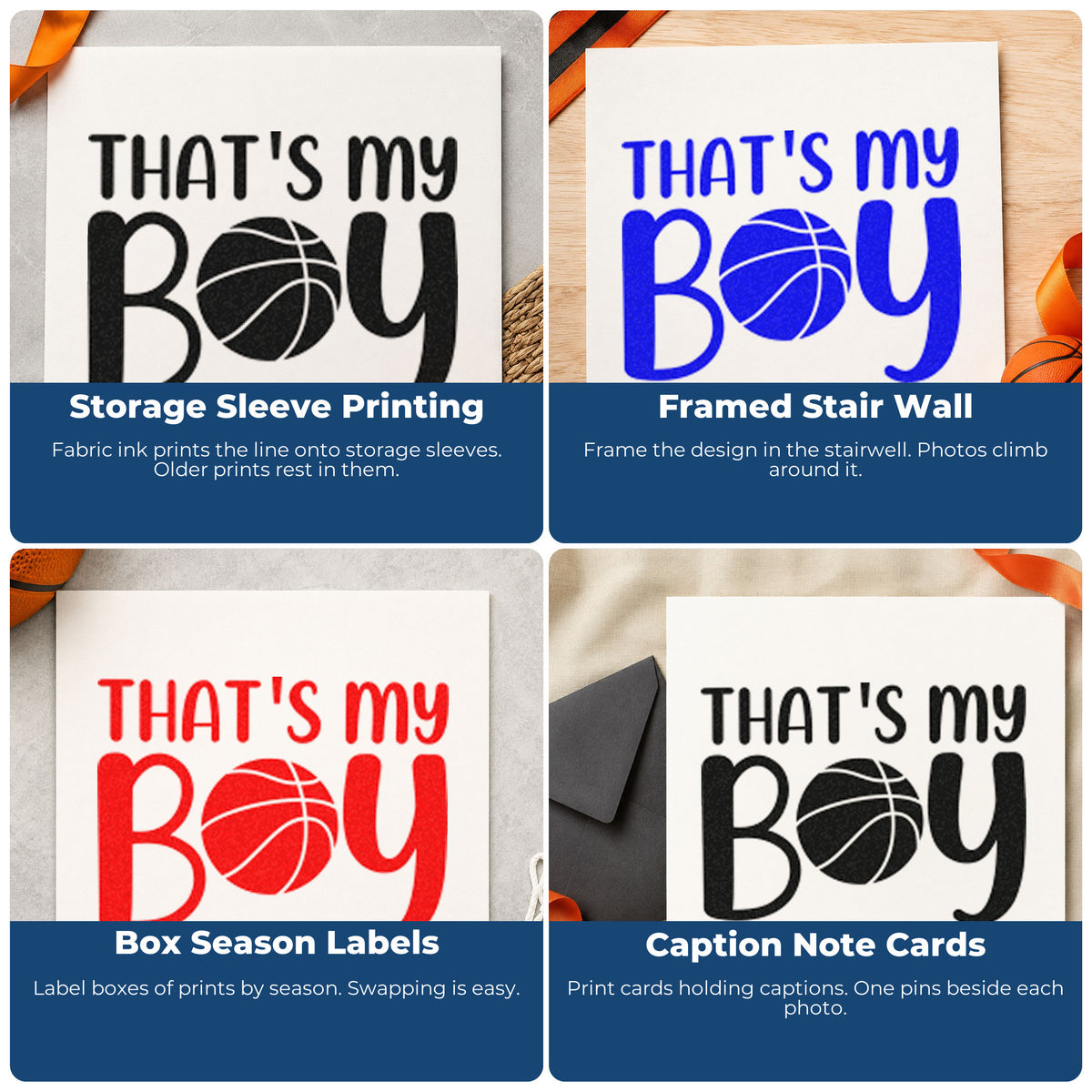 Four ways to use the That Is My Boy Compact Pre-Inked Stamp – Slim: storage sleeve printing, framed stair wall, box season labels and caption note cards.