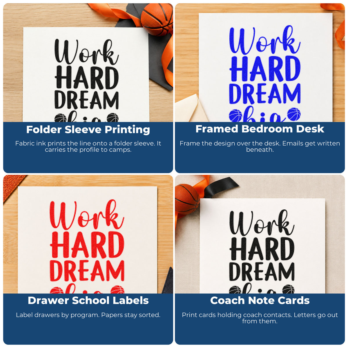 Four ways to use the Work Hard Dream Big Basketball Rubber Stamp – Wood Handle: folder sleeve printing, framed bedroom desk, drawer school labels and coach note cards.