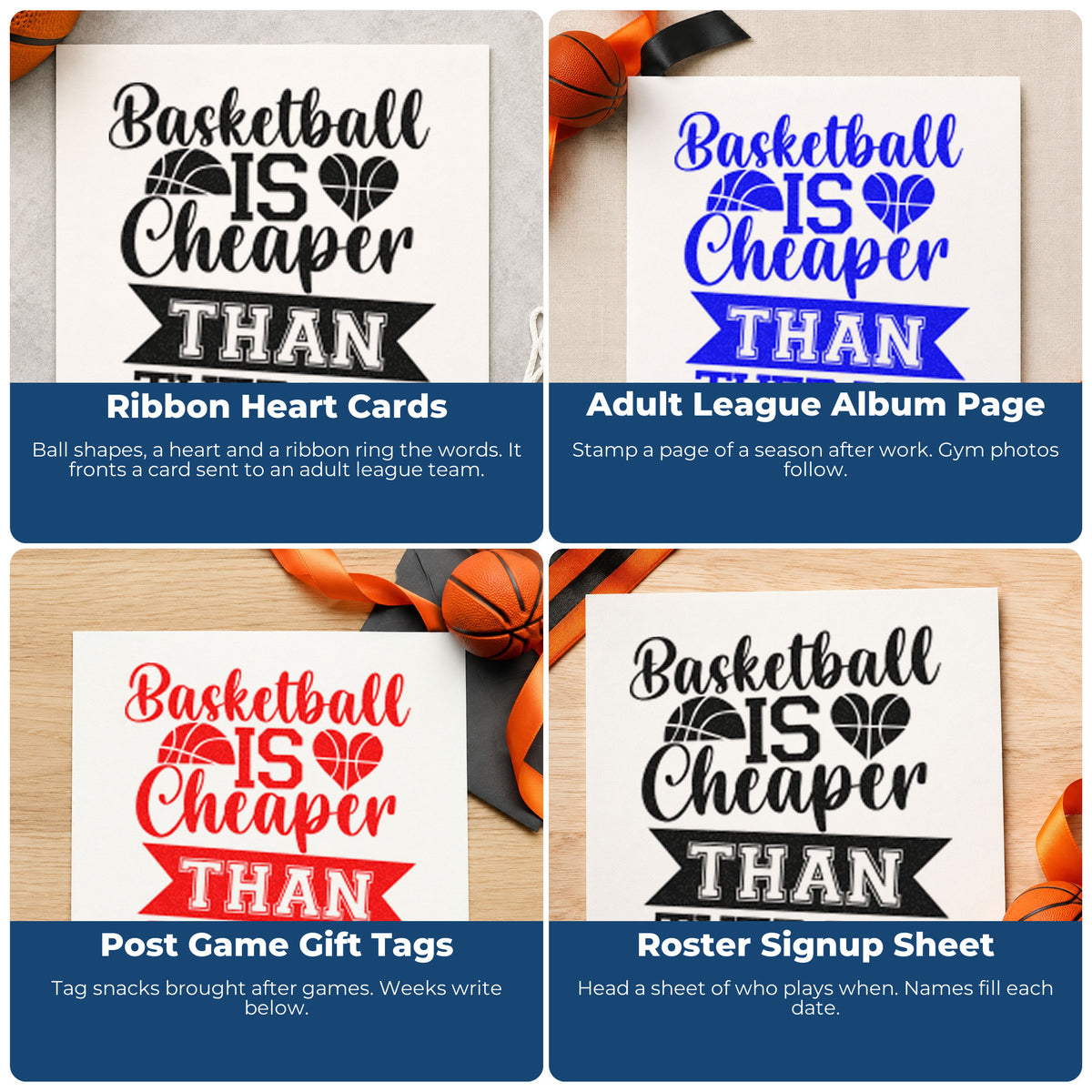 Four ways to use the Basketball Cheaper Than Therapy Self-Inking Craft Stamp: ribbon heart cards, adult league album page, post game gift tags and roster signup sheet.