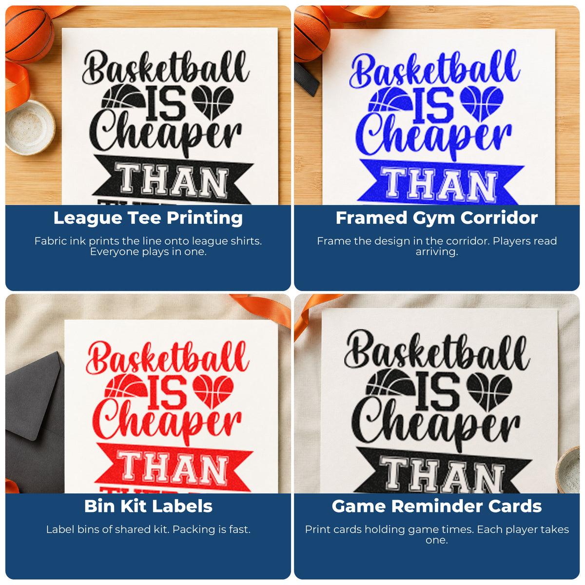 Four ways to use the Basketball Cheaper Than Therapy Pre-Inked Stamp – PSI: league tee printing, framed gym corridor, bin kit labels and game reminder cards.