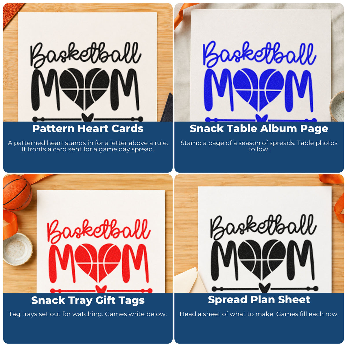 Four ways to use the Basketball Mom Heart Letter Premium Wooden Stamp - Vintage Pro: pattern heart cards, snack table album page, snack tray gift tags and spread plan sheet.