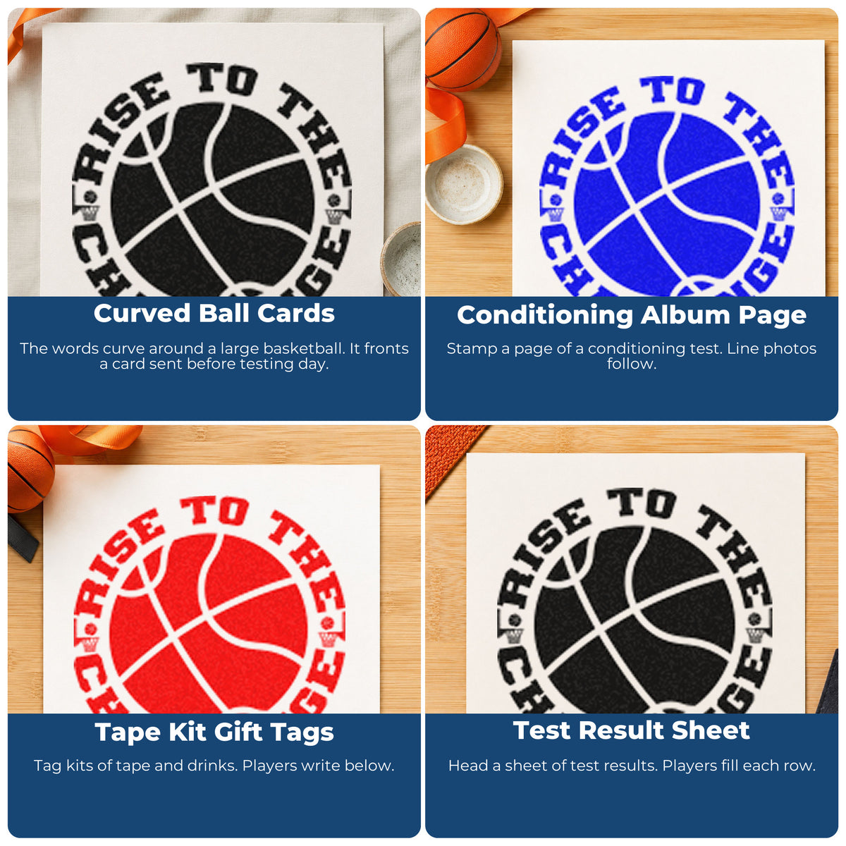 Four ways to use the Rise To The Challenge Premium Wood-Mounted Stamp - Vintage Pro: curved ball cards, conditioning album page, tape kit gift tags and test result sheet.