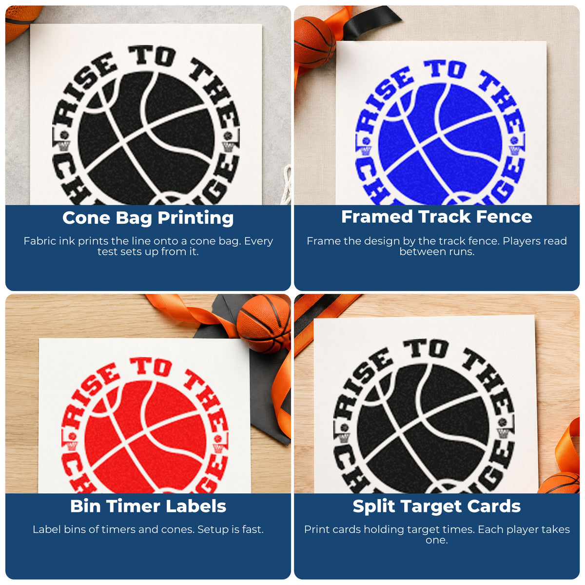 Four ways to use the Rise To The Challenge Self-Inking Stamp: cone bag printing, framed track fence, bin timer labels and split target cards.