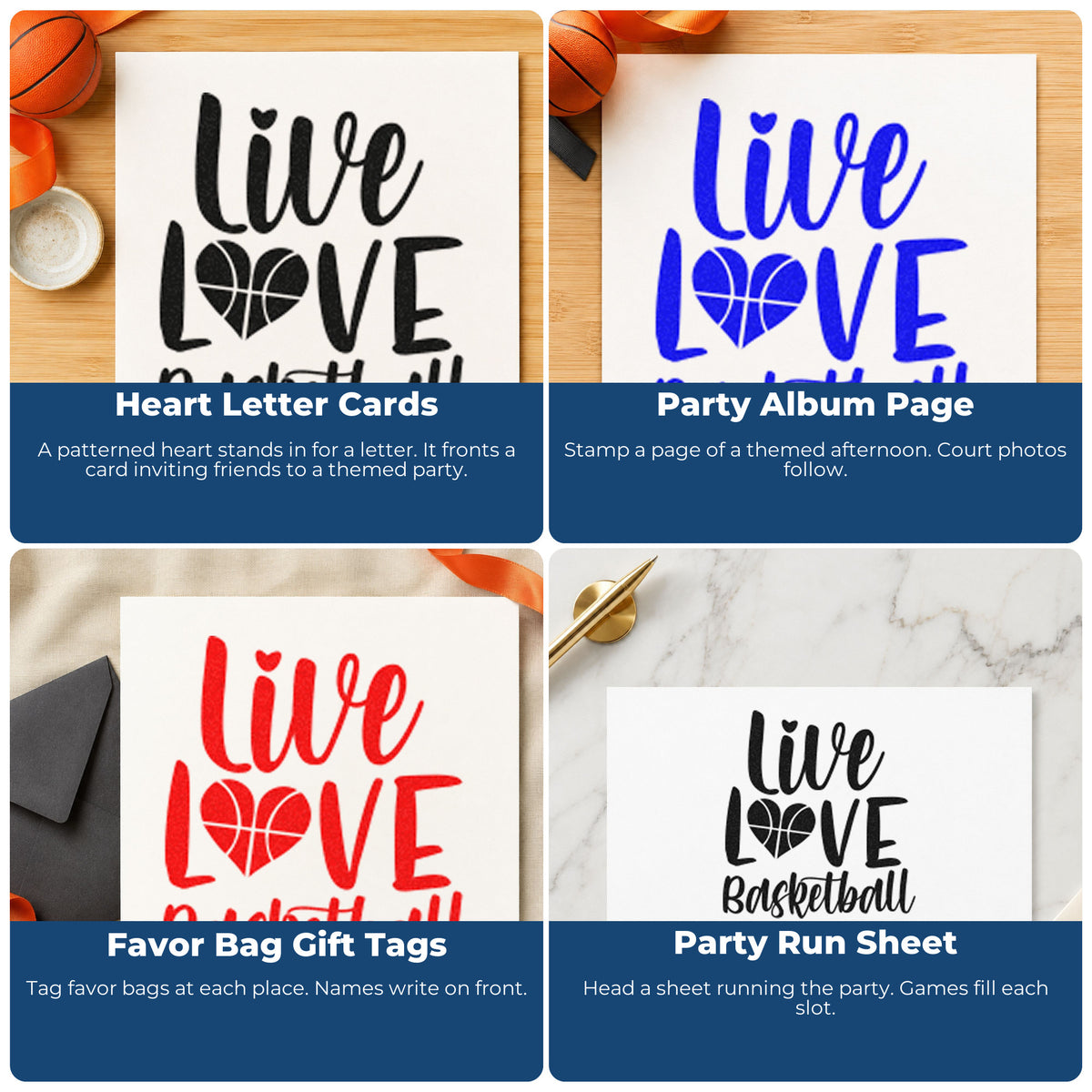 Four ways to use the Live Love Basketball Pre-Inked Stamp – Slim: heart letter cards, party album page, favor bag gift tags and party run sheet.