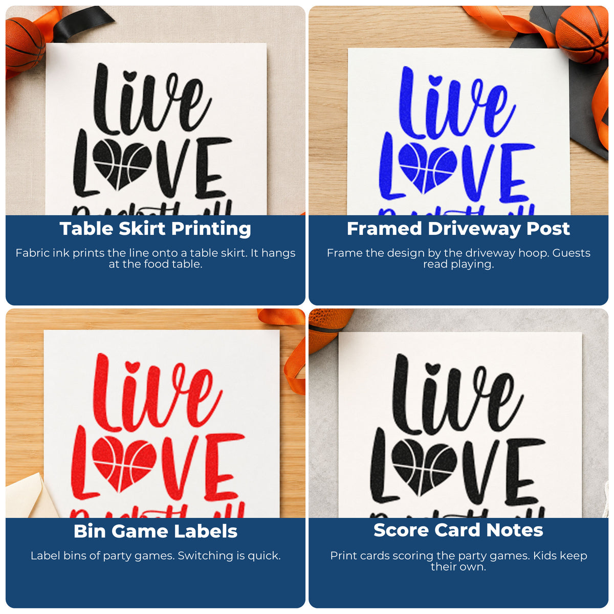 Four ways to use the Live Love Basketball Pre-Inked Stamp – Slim: table skirt printing, framed driveway post, bin game labels and score card notes.