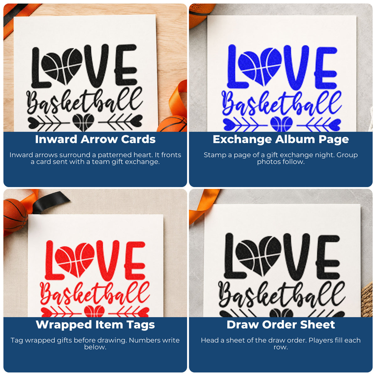 Four ways to use the Love Basketball Heart Arrows Stamp – Wood Handle: inward arrow cards, exchange album page, wrapped item tags and draw order sheet.