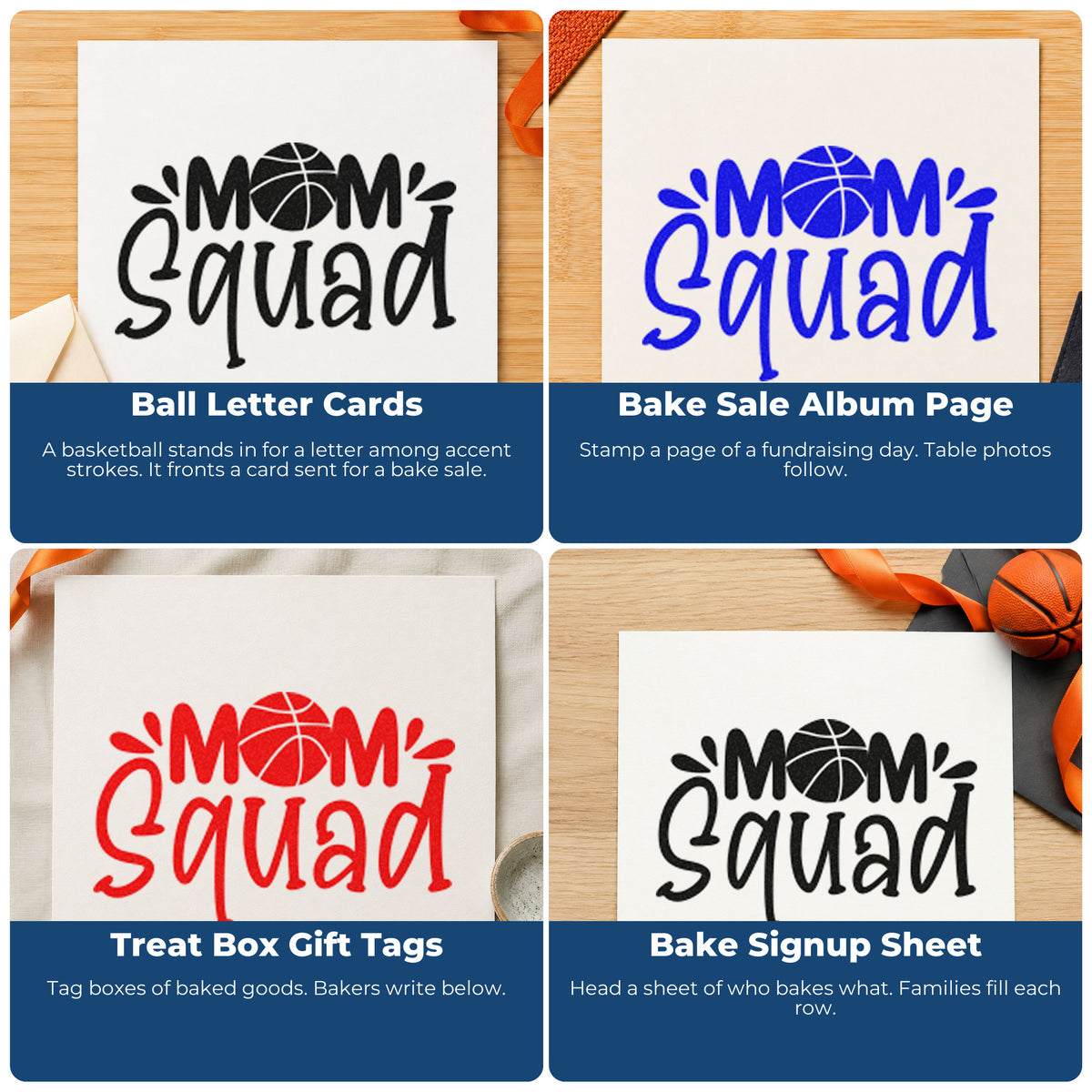 Four ways to use the Basketball Mom Squad Word Art Rubber Stamp – Wood Handle: ball letter cards, bake sale album page, treat box gift tags and bake signup sheet.