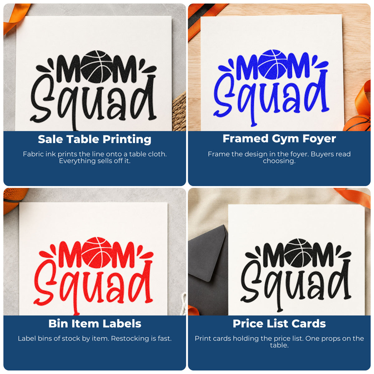 Four ways to use the Basketball Mom Squad Word Art Rubber Stamp – Wood Handle: sale table printing, framed gym foyer, bin item labels and price list cards.