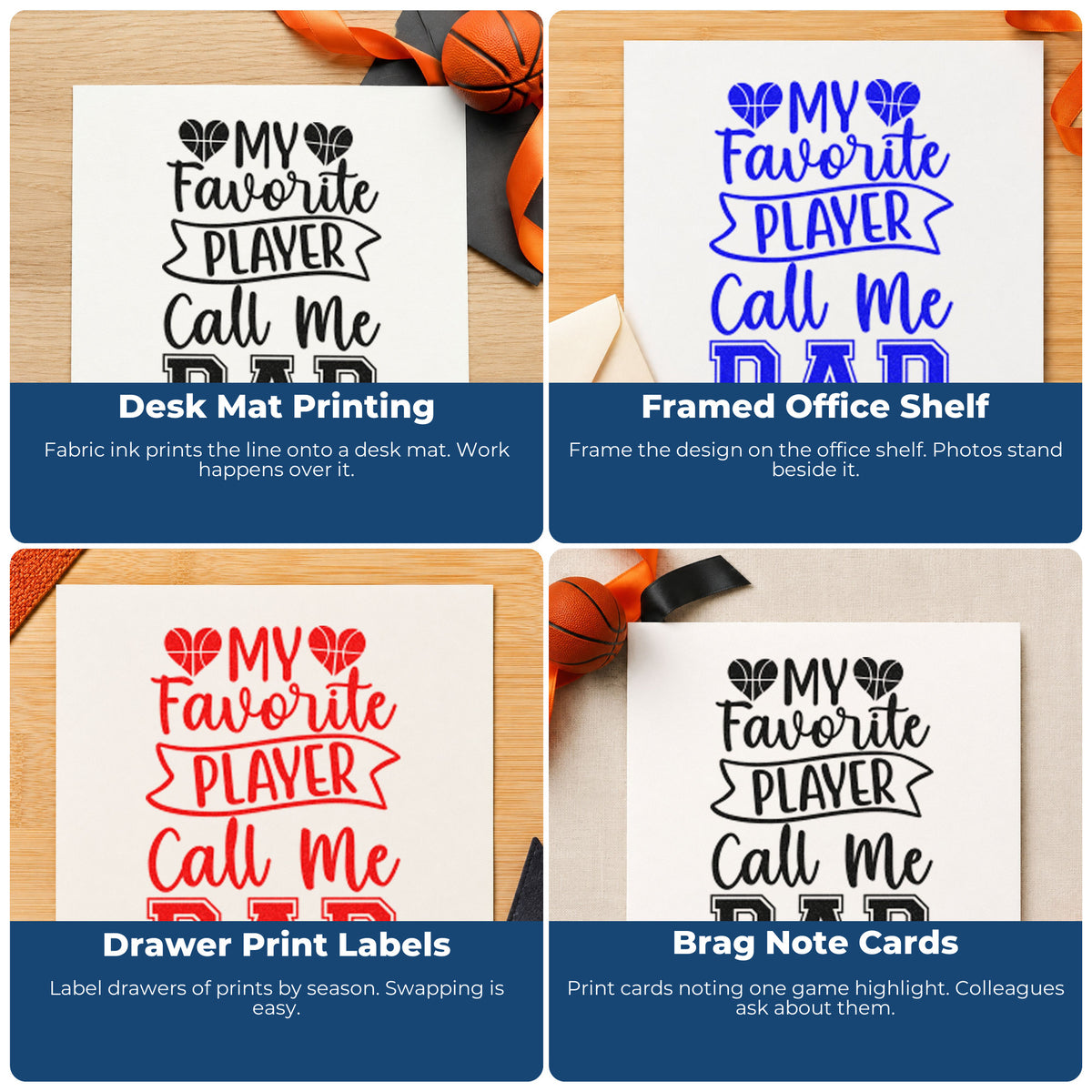 Four ways to use the Favorite Player Dad Basketball Hearts Rubber Stamp – Duo Hand: desk mat printing, framed office shelf, drawer print labels and brag note cards.