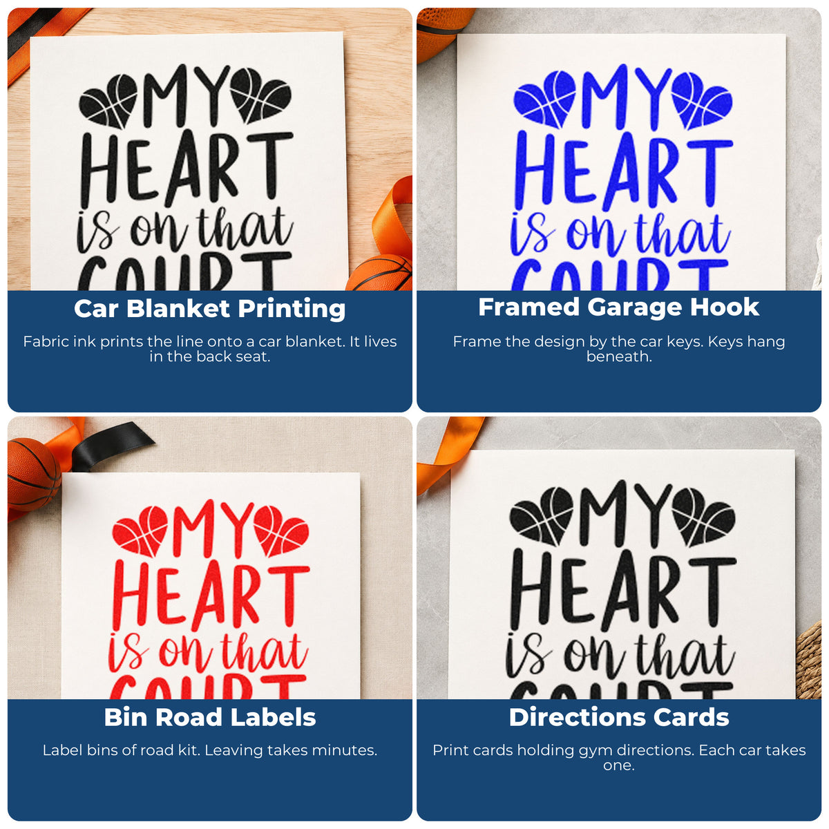 Four ways to use the My Heart Is On That Court Stamp – Duo Hand: car blanket printing, framed garage hook, bin road labels and directions cards.