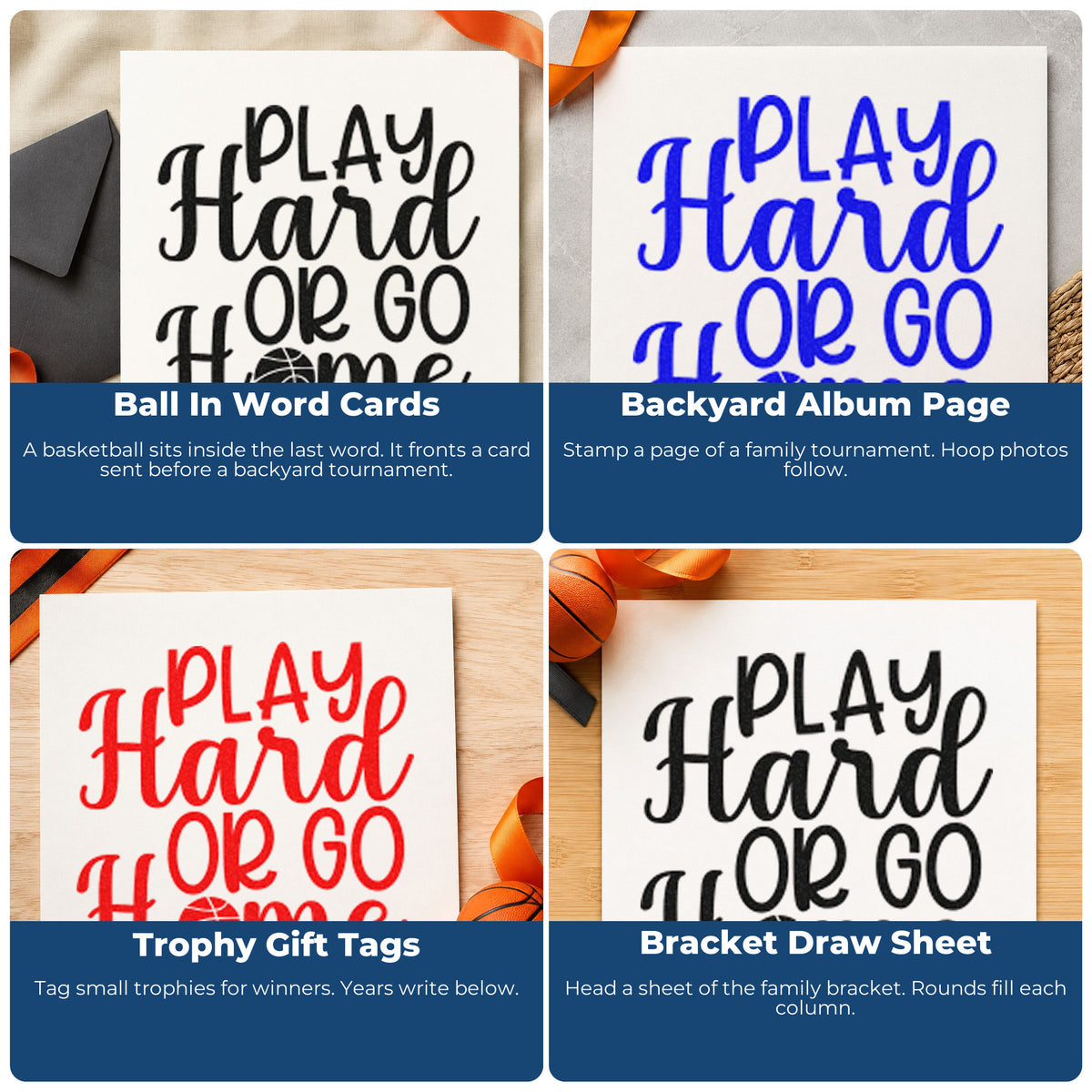 Four ways to use the Play Hard Or Go Home PSI Pre-Inked Stamp: ball in word cards, backyard album page, trophy gift tags and bracket draw sheet.