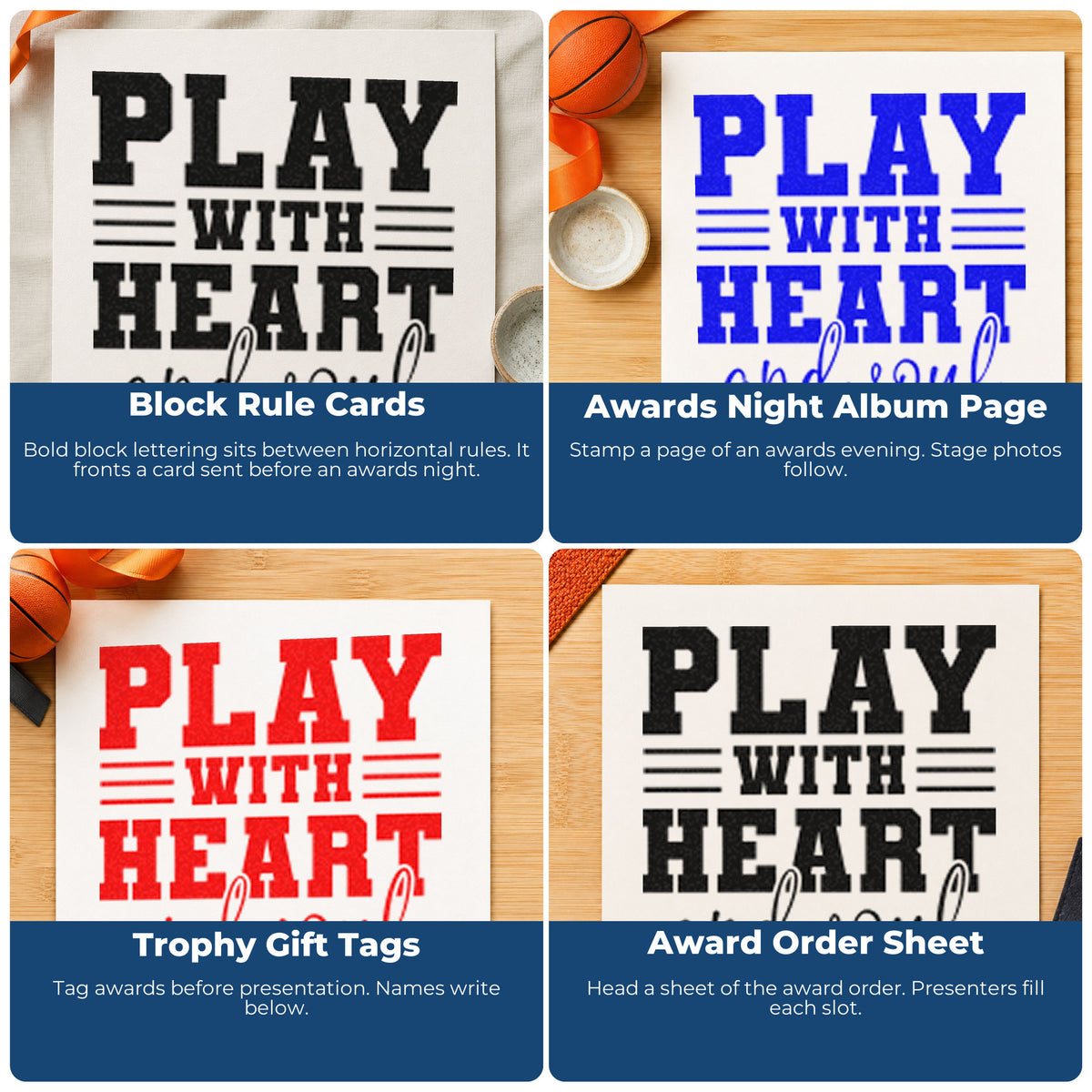 Four ways to use the Play With Heart Soul Stamp – Slim Pre-Inked: block rule cards, awards night album page, trophy gift tags and award order sheet.