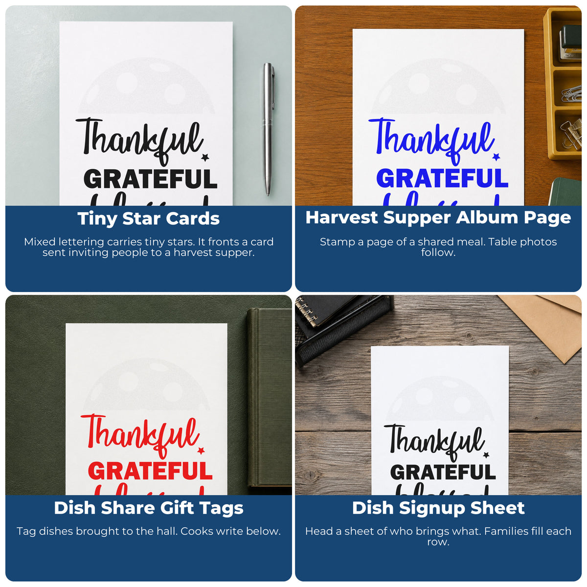 Four ways to use the Thankful Grateful Blessed Premium Wooden Stamp - Vintage Pro: tiny star cards, harvest supper album page, dish share gift tags and dish signup sheet.