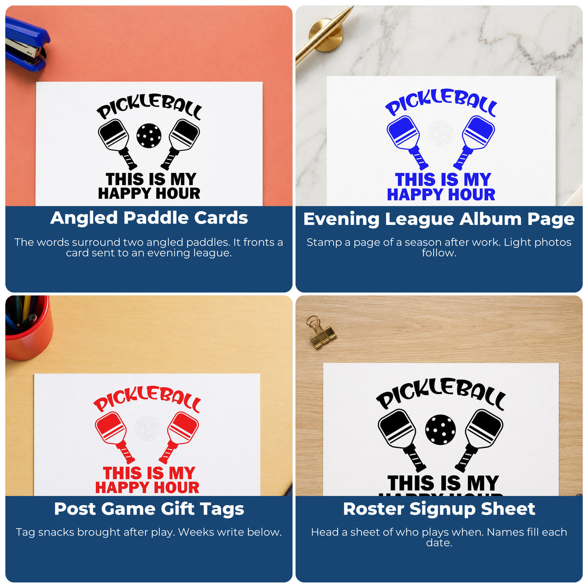 Four ways to use the Pickleball My Happy Hour PSI Pre-Inked Stamp: angled paddle cards, evening league album page, post game gift tags and roster signup sheet.