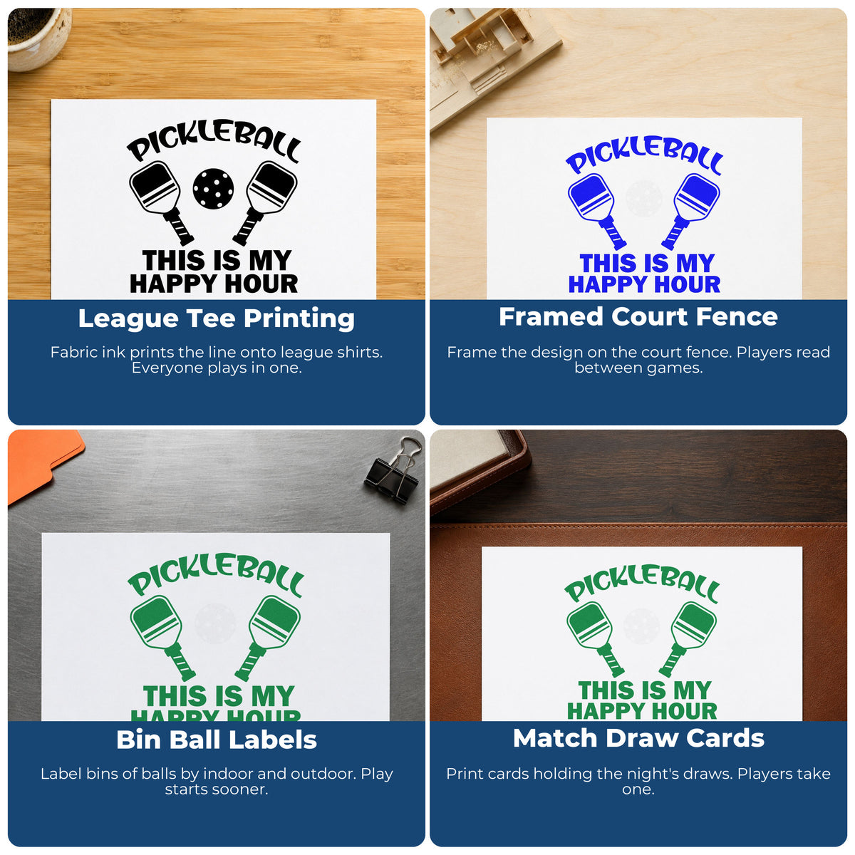 Four ways to use the Pickleball My Happy Hour Rubber Stamp – Duo Hand: league tee printing, framed court fence, bin ball labels and match draw cards.