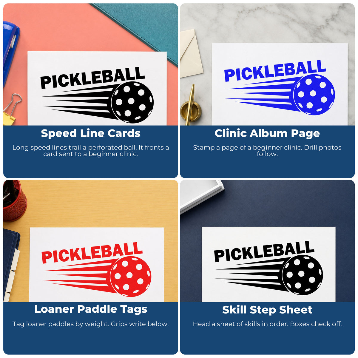 Four ways to use the Pickleball Speeding Ball Duo Hand Stamp: speed line cards, clinic album page, loaner paddle tags and skill step sheet.