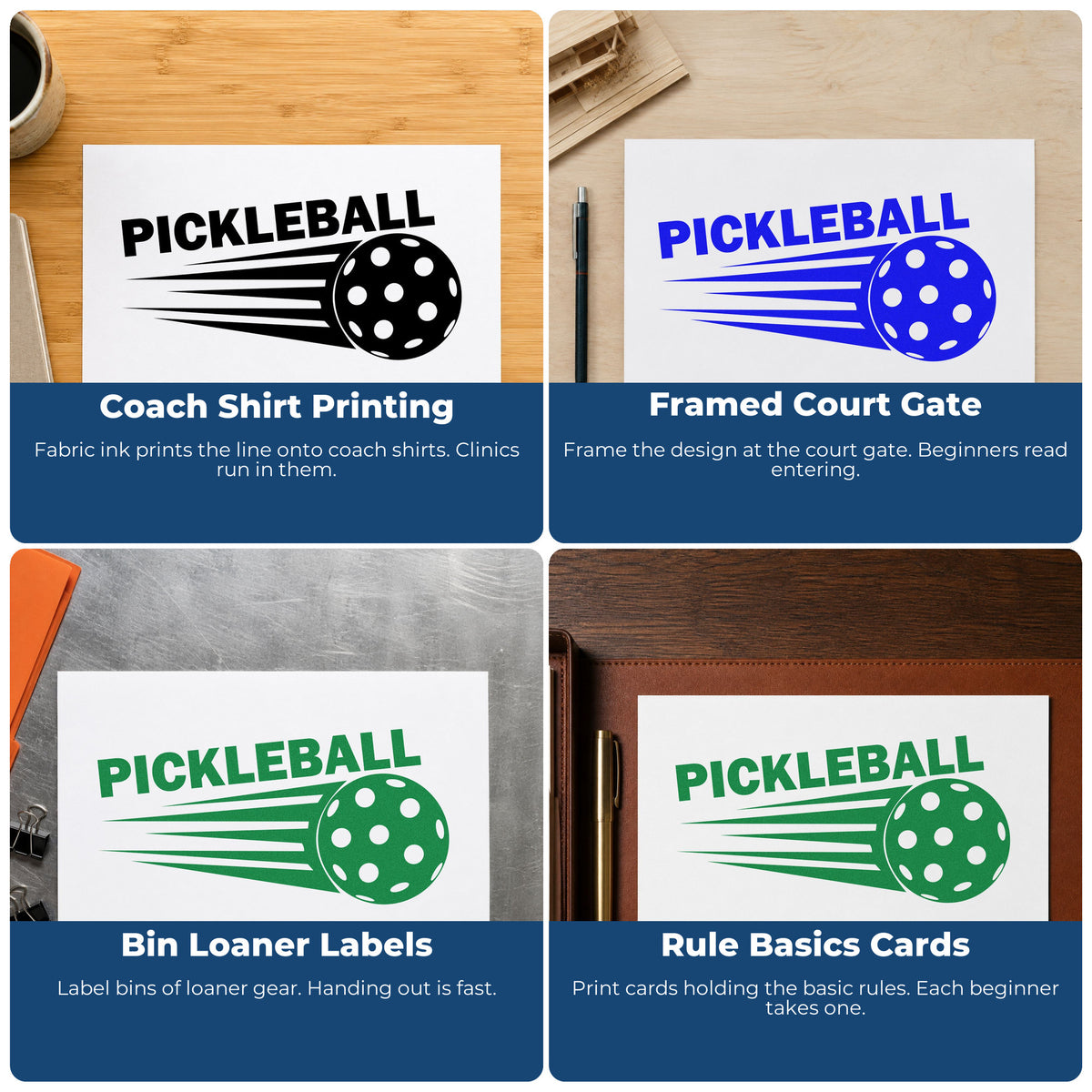 Four ways to use the PSI Pre-Inked Pickleball Speeding Ball Stamp: coach shirt printing, framed court gate, bin loaner labels and rule basics cards.