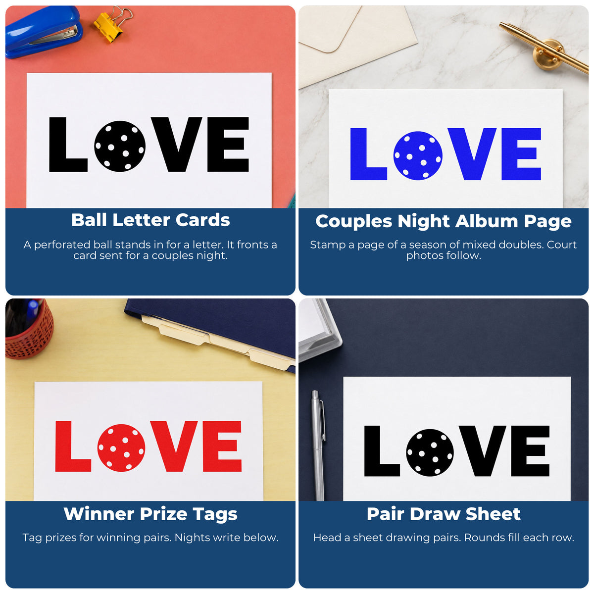 Four ways to use the Love With Pickleball Center Wood Handle Stamp: ball letter cards, couples night album page, winner prize tags and pair draw sheet.