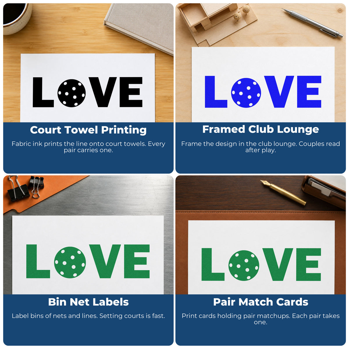 Four ways to use the Love With Pickleball Center Wood Handle Stamp: court towel printing, framed club lounge, bin net labels and pair match cards.