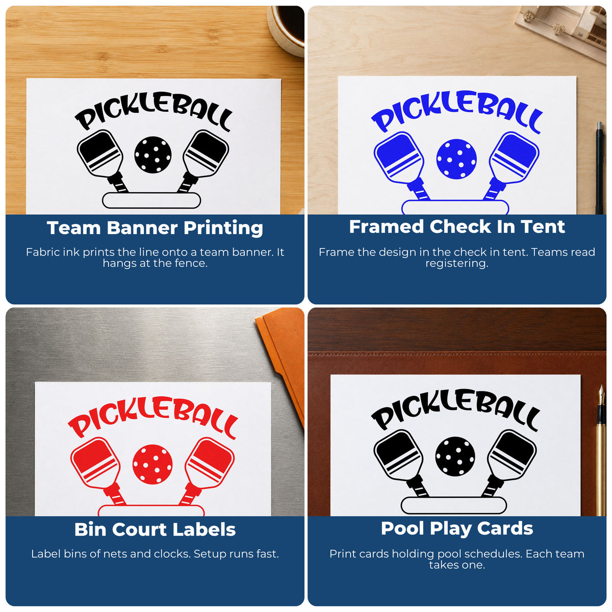 Four ways to use the Pickleball Paddles Blank Banner Self-Inking Stamp: team banner printing, framed check in tent, bin court labels and pool play cards.