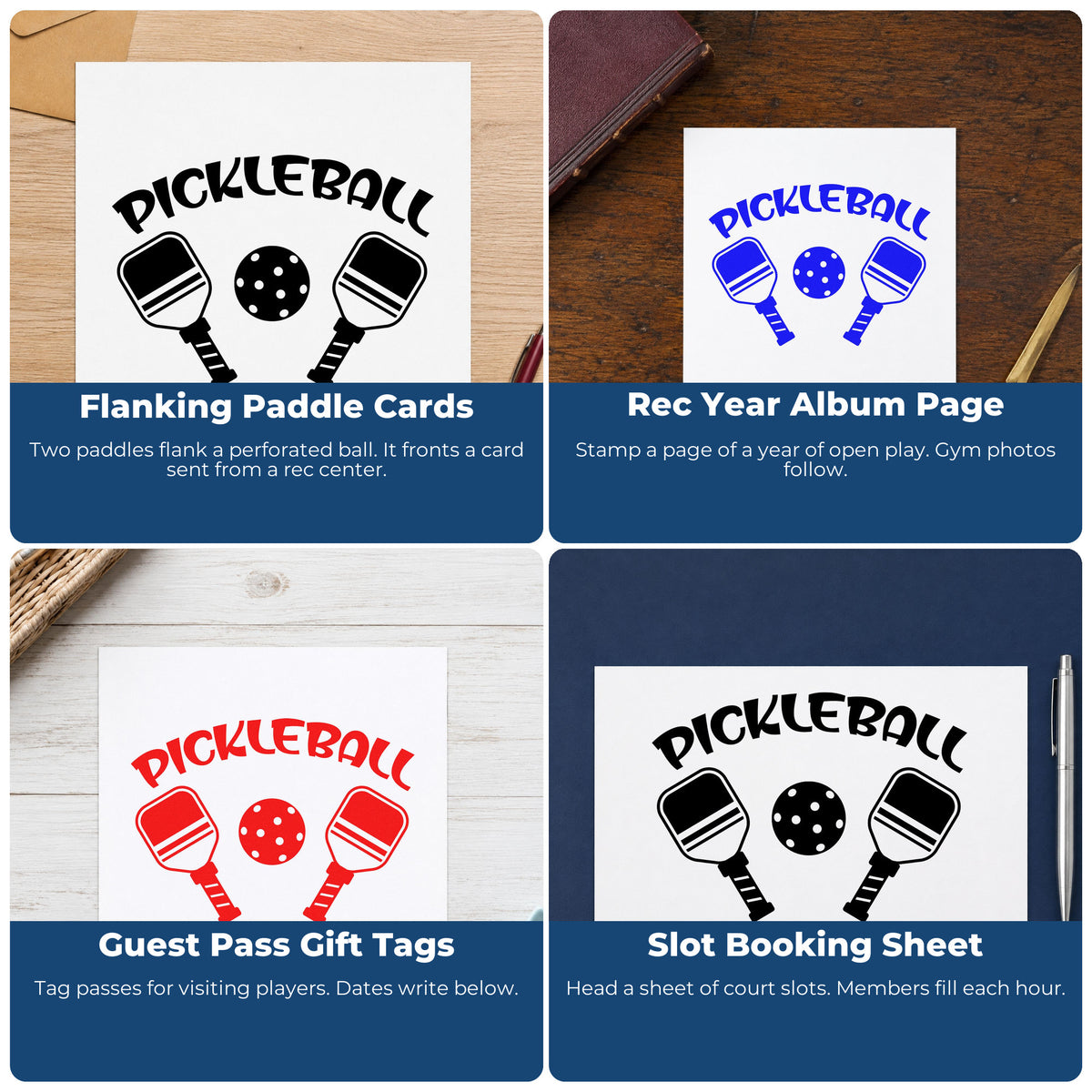 Four ways to use the Self-Inking Pickleball Paddles And Ball Stamp: flanking paddle cards, rec year album page, guest pass gift tags and slot booking sheet.