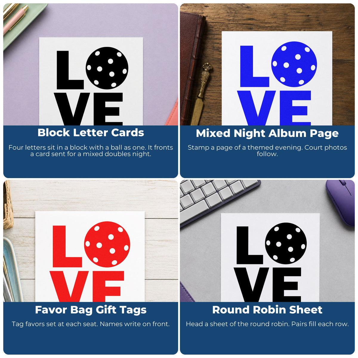 Four ways to use the Stacked Love Pickleball Ball Block Lettering Rubber Stamp – Duo Hand: block letter cards, mixed night album page, favor bag gift tags and round robin sheet.